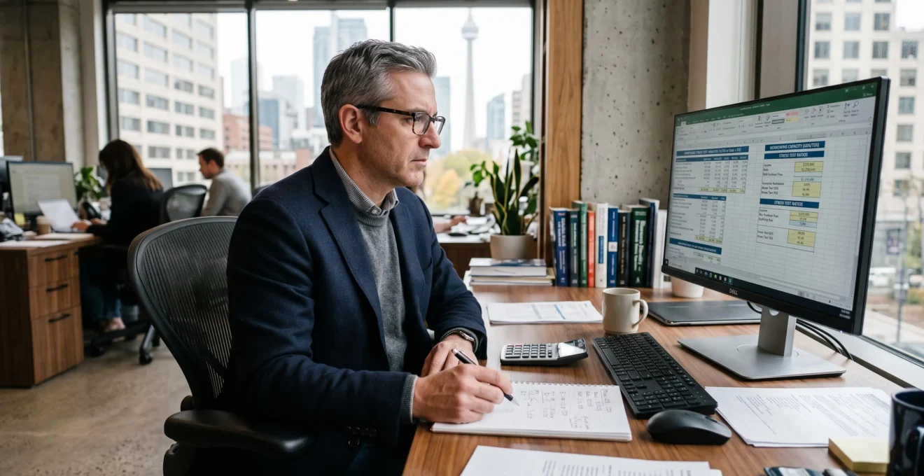 Un conseiller financier analyse un rapport de calcul de prêt hypothécaire complexe sur un ordinateur au Canada.