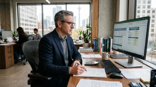 Un conseiller financier analyse un rapport de calcul de prêt hypothécaire complexe sur un ordinateur au Canada.