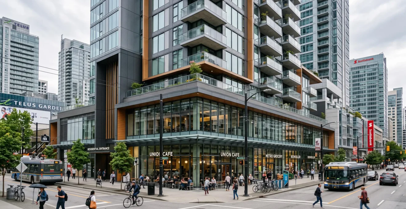 Vue extérieure d'un immeuble à usage mixte moderne dans un quartier urbain canadien, montrant les commerces en rez-de-chaussée et les appartements en étage.