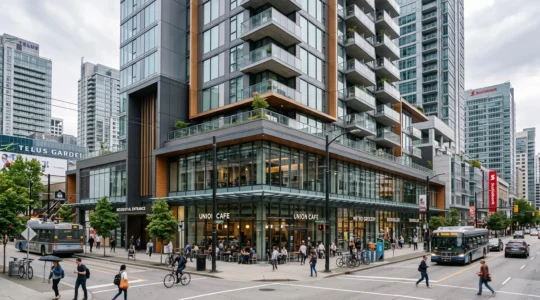 Vue extérieure d'un immeuble à usage mixte moderne dans un quartier urbain canadien, montrant les commerces en rez-de-chaussée et les appartements en étage.