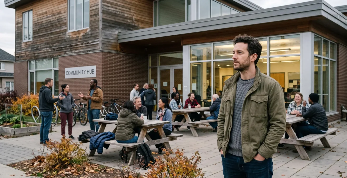 A person observing a casual gathering at a local community center in Canada, reflecting on building community ties in a new environment.
