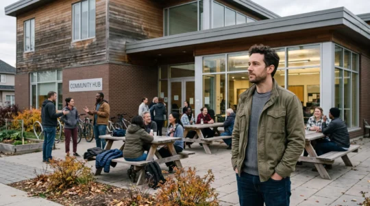 A person observing a casual gathering at a local community center in Canada, reflecting on building community ties in a new environment.