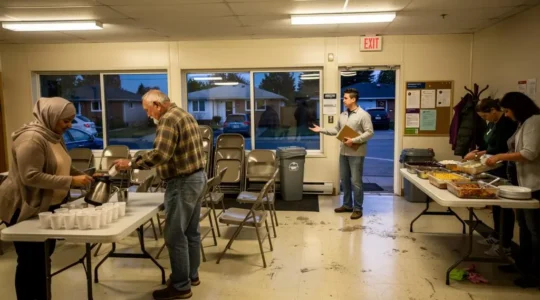 A diverse group of neighbours setting up a community gathering in a Canadian neighbourhood hall, greeting each other and arranging food on tables.