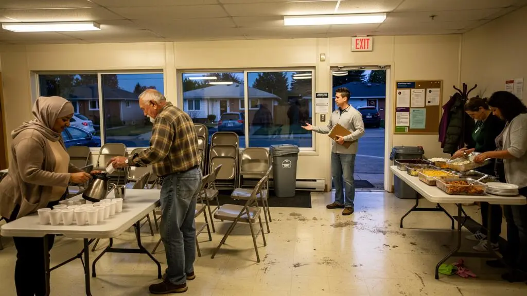 A diverse group of neighbours setting up a community gathering in a Canadian neighbourhood hall, greeting each other and arranging food on tables.