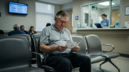 A patient waits in a Canadian hospital emergency waiting area holding a health card and referral letter while a nurse works at the triage desk.
