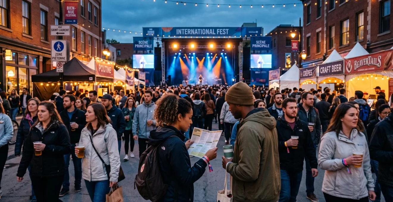 A crowded festival street in a Canadian city at dusk, with attendees walking past food stalls toward an illuminated outdoor stage.