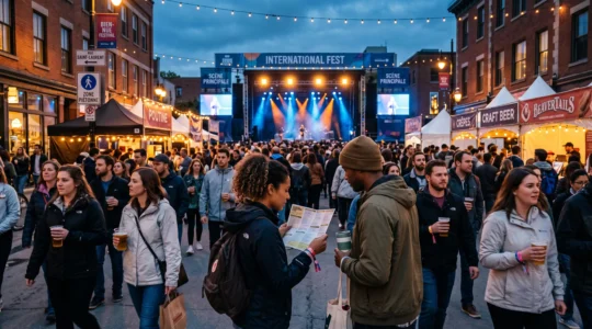 A crowded festival street in a Canadian city at dusk, with attendees walking past food stalls toward an illuminated outdoor stage.