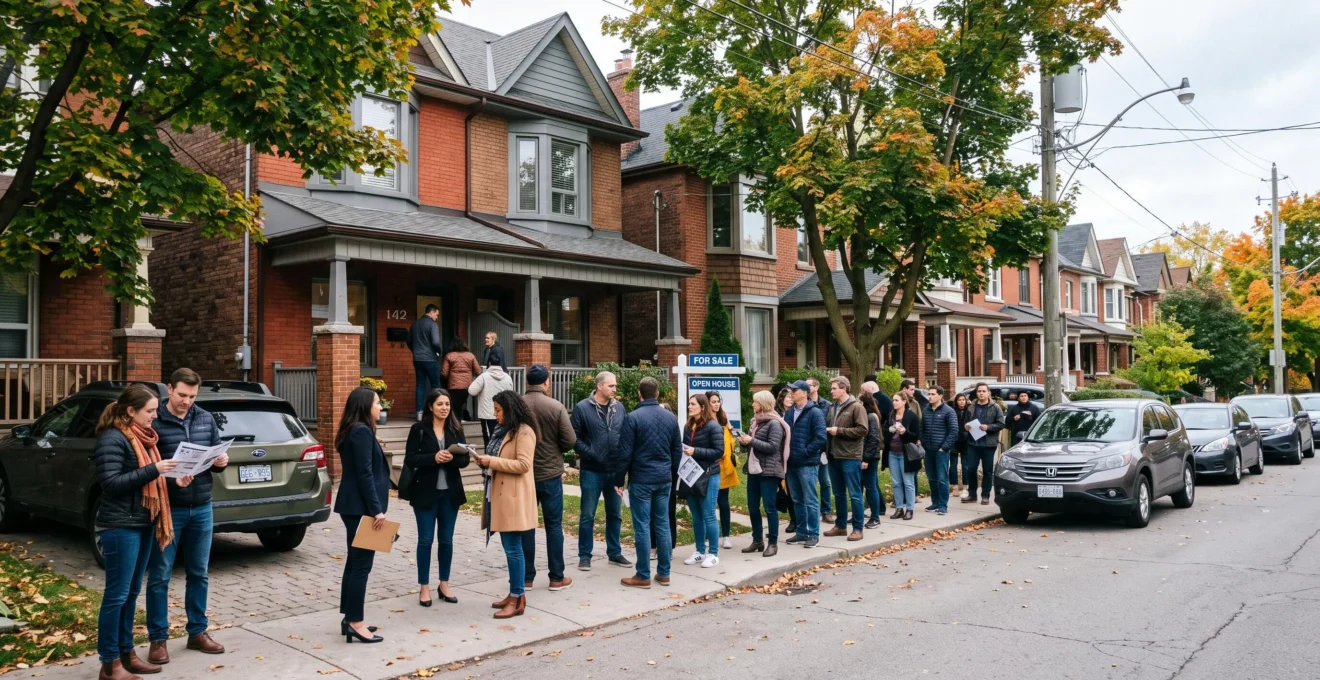 Buyers line up on a sidewalk outside a house during an open house in a Canadian city.