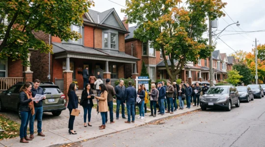 Buyers line up on a sidewalk outside a house during an open house in a Canadian city.