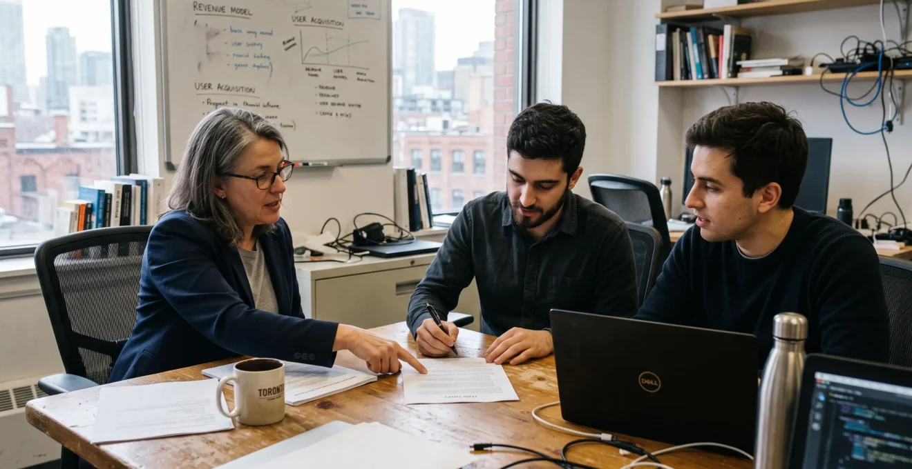 Two startup founders negotiating a term sheet with a venture capital investor at a table in a Toronto office.
