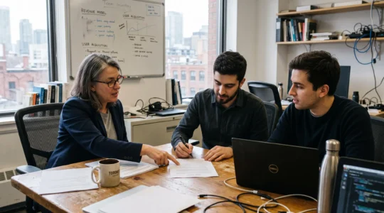 Two startup founders negotiating a term sheet with a venture capital investor at a table in a Toronto office.