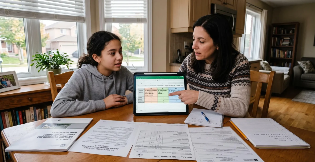 Parent and student reviewing comparative provincial educational curriculum guides and report cards at a kitchen table.