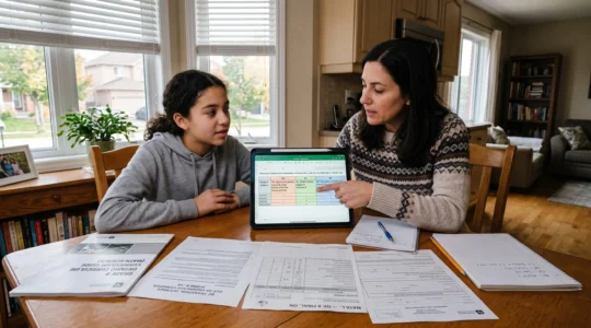 Parent and student reviewing comparative provincial educational curriculum guides and report cards at a kitchen table.