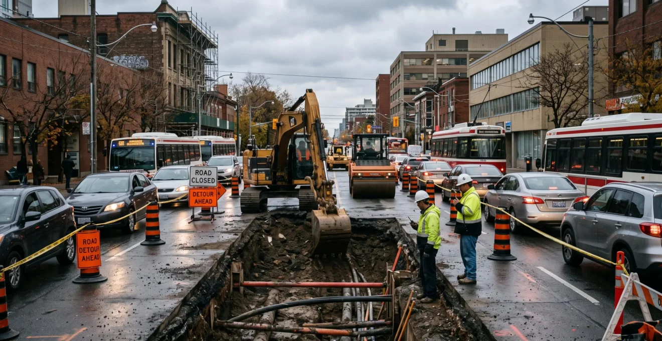 Chantier d'infrastructure majeur bloquant la circulation dans une ville canadienne.