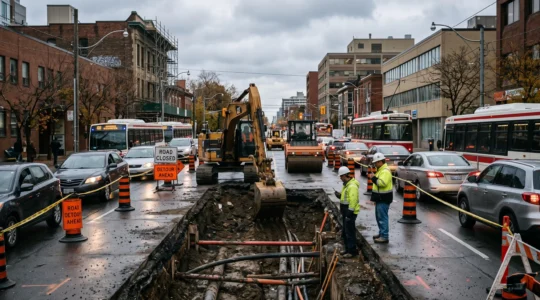 Chantier d'infrastructure majeur bloquant la circulation dans une ville canadienne.