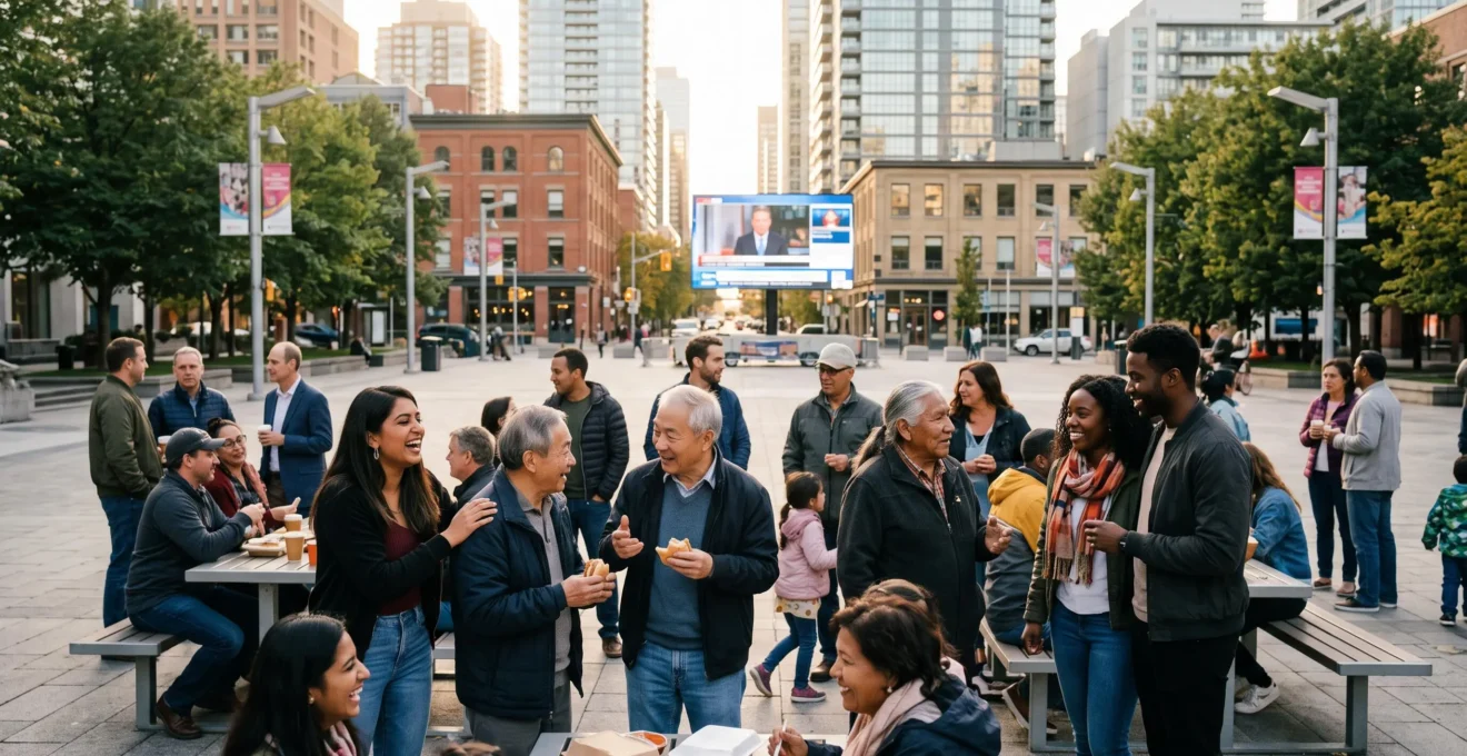Diversité de citoyens canadiens partageant un moment social dans un lieu public pendant un événement sportif majeur.