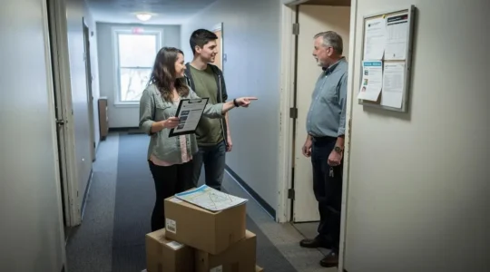 A couple holding a printed rental listing talks with a landlord at the open door of an apartment in a Canadian building, with moving boxes at their feet.
