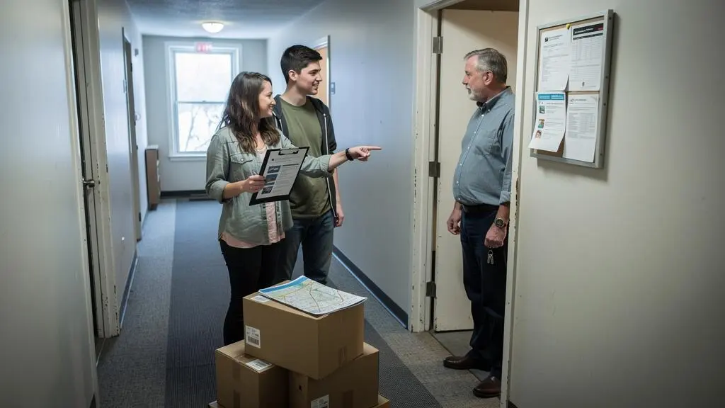 A couple holding a printed rental listing talks with a landlord at the open door of an apartment in a Canadian building, with moving boxes at their feet.
