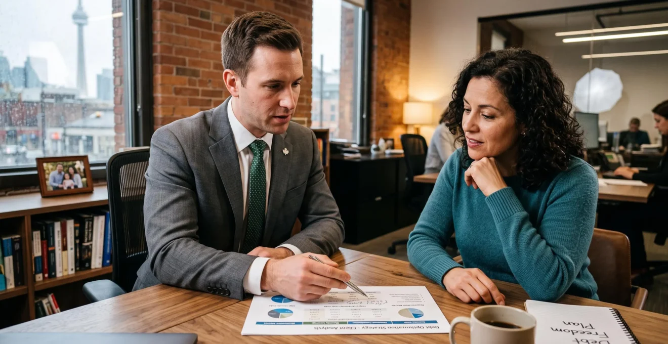 Financial advisor helping a client analyze debt ratios and plan to increase borrowing capacity in a professional office.