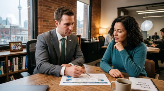 Financial advisor helping a client analyze debt ratios and plan to increase borrowing capacity in a professional office.