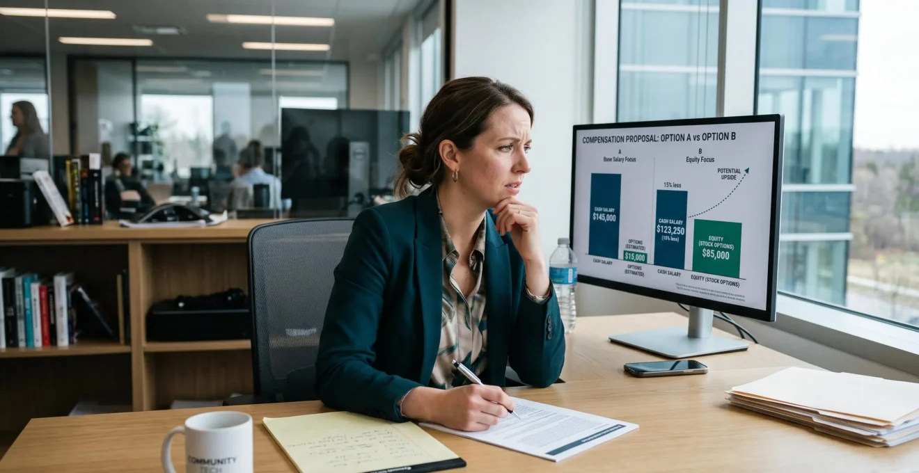 A professional reviewing a contract comparing a cash salary and stock equity.