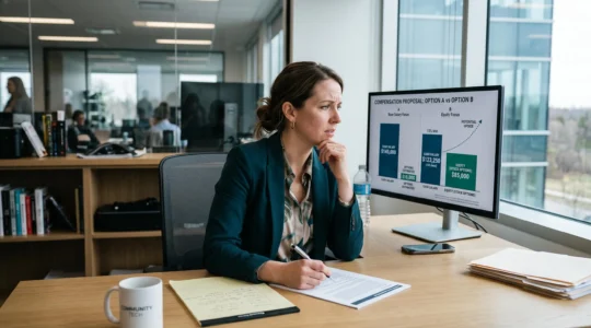 A professional reviewing a contract comparing a cash salary and stock equity.