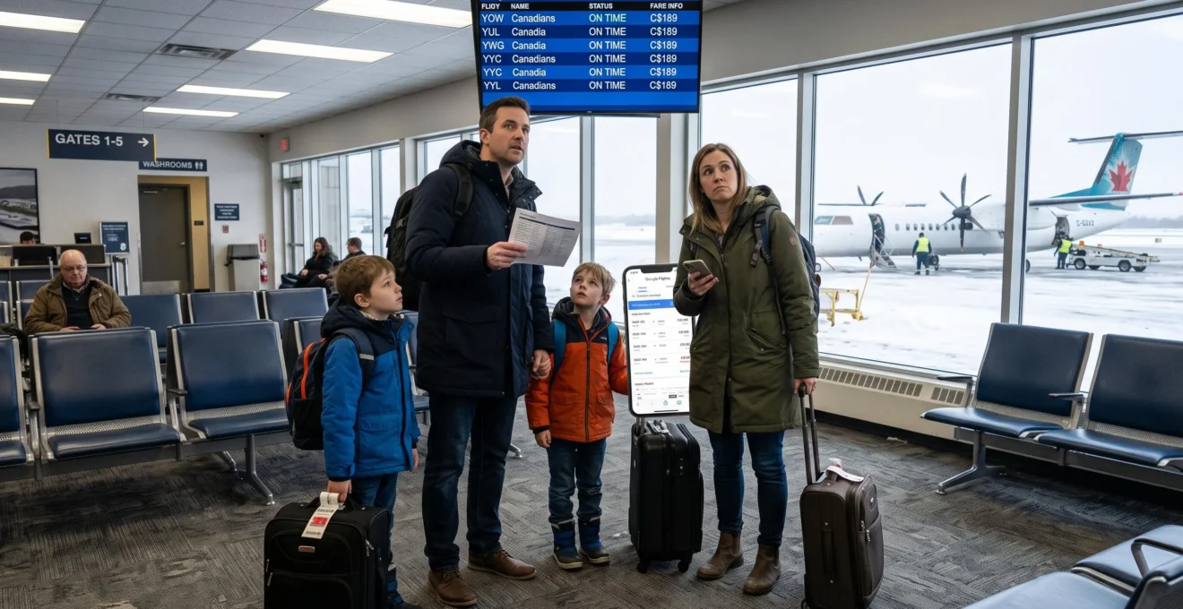 A family of four with suitcases checks flight information on a departure board inside a small Canadian airport terminal.