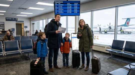 A family of four with suitcases checks flight information on a departure board inside a small Canadian airport terminal.