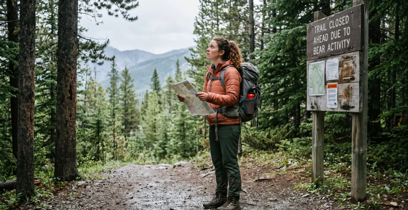 A hiker with a backpack reads a trail closure notice on a wooden signboard at a Canadian mountain trailhead.