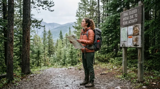 A hiker with a backpack reads a trail closure notice on a wooden signboard at a Canadian mountain trailhead.