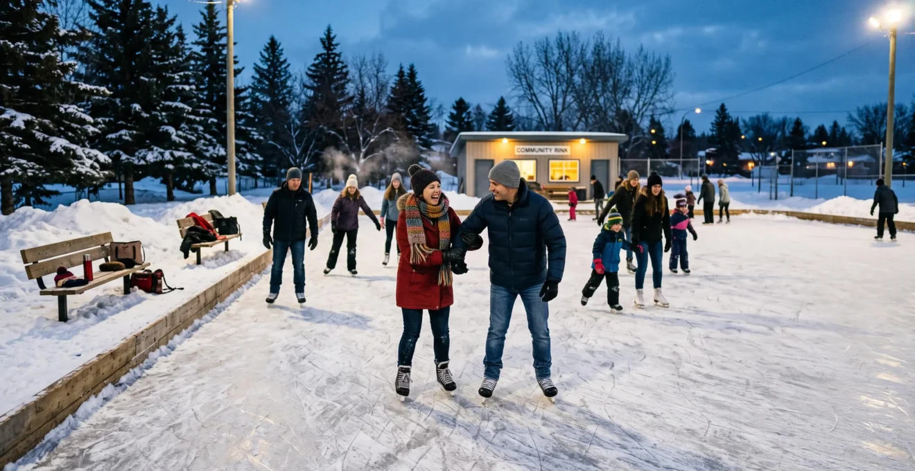 Neighbours skating together at an outdoor community rink in a Canadian neighbourhood on a winter evening.