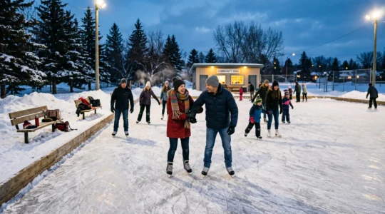 Neighbours skating together at an outdoor community rink in a Canadian neighbourhood on a winter evening.