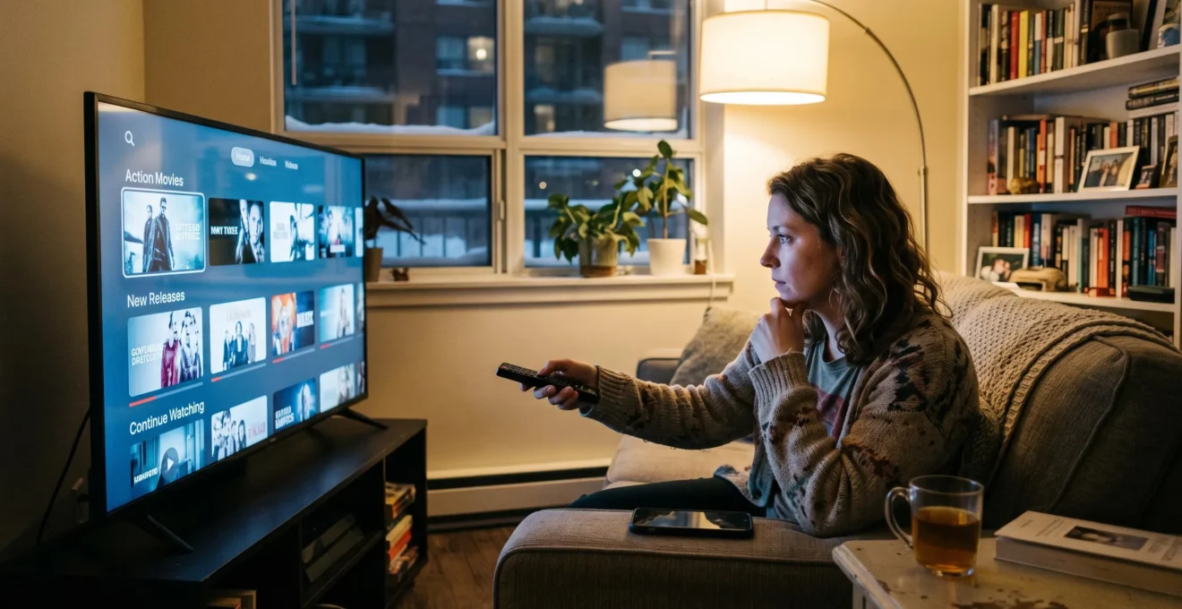 A person on a couch scrolls through a streaming platform menu on a television in a living room in the evening.