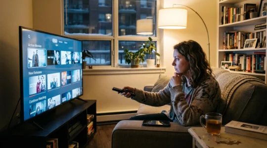 A person on a couch scrolls through a streaming platform menu on a television in a living room in the evening.