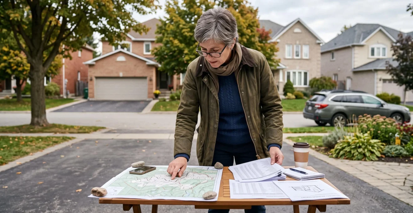 Un consultant immobilier analyse des cartes et des documents de valeur immobilière dans un quartier canadien.