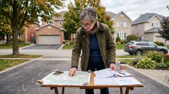 Un consultant immobilier analyse des cartes et des documents de valeur immobilière dans un quartier canadien.