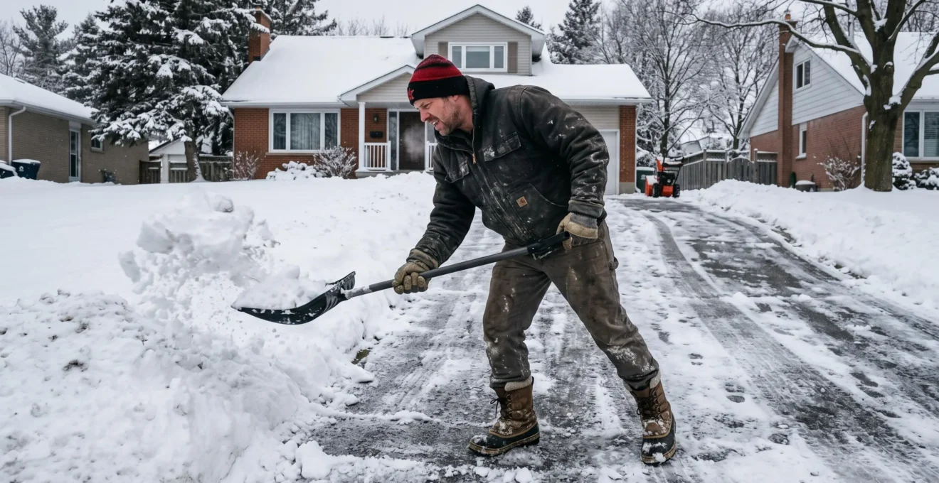 A person shovels snow from a driveway next to a single-family home in Canada during winter.