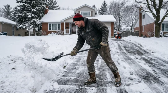 A person shovels snow from a driveway next to a single-family home in Canada during winter.