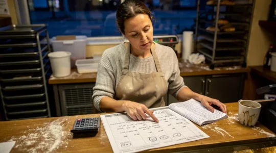 A small business owner reviews a printed payroll remittance schedule with a desk calendar and calculator at her bakery counter after closing.