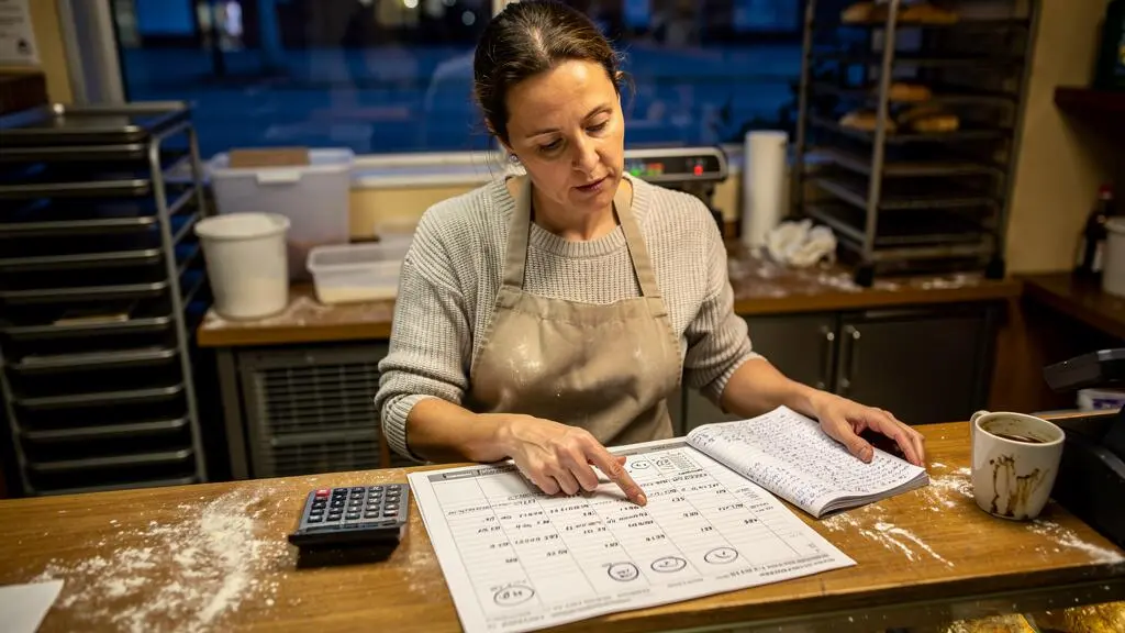 A small business owner reviews a printed payroll remittance schedule with a desk calendar and calculator at her bakery counter after closing.
