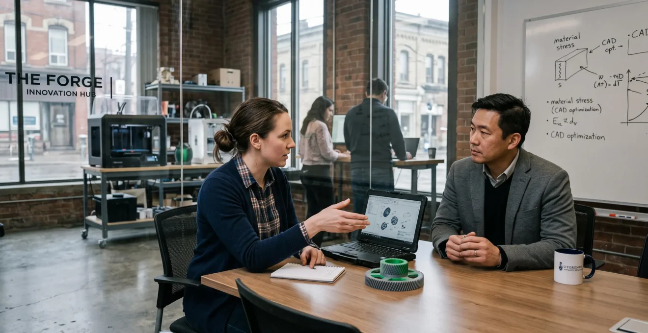 A business owner discusses a project with a research center representative in a modern office.
