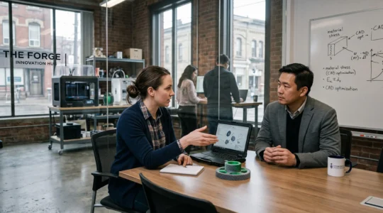 A business owner discusses a project with a research center representative in a modern office.