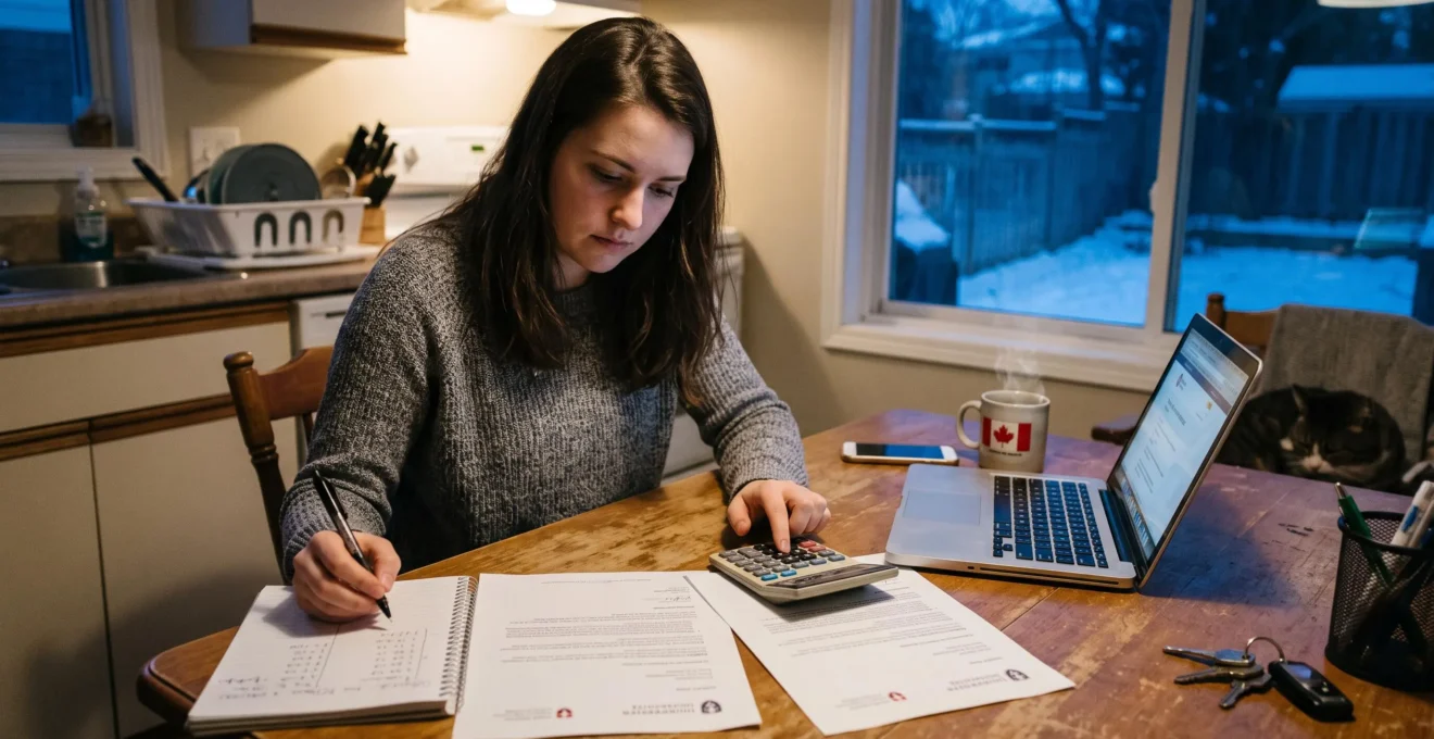 A student at a kitchen table compares two university offer letters, using a calculator and handwritten notes on a winter evening.