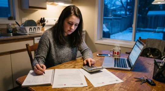 A student at a kitchen table compares two university offer letters, using a calculator and handwritten notes on a winter evening.