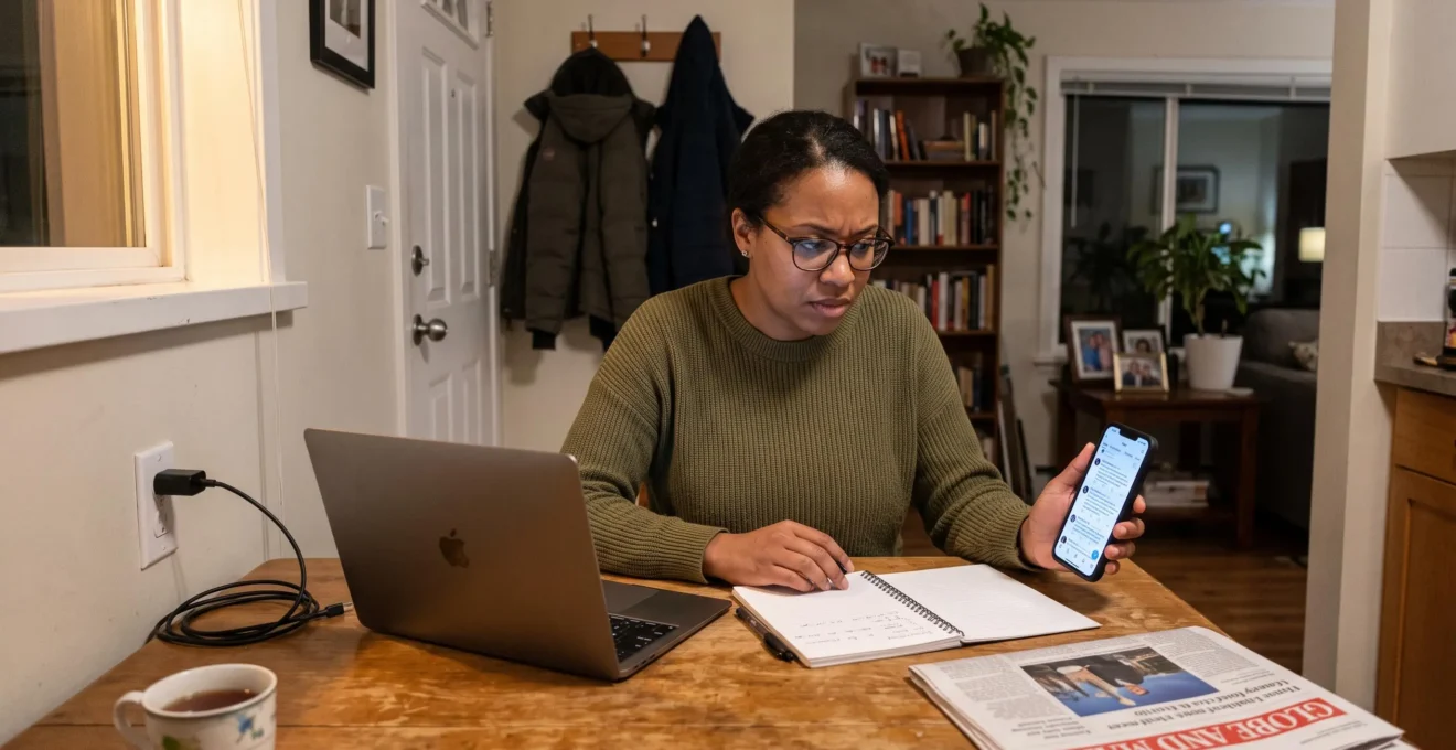 A woman at her kitchen table cross-checking a claim on her phone against her laptop before deciding whether to believe it.
