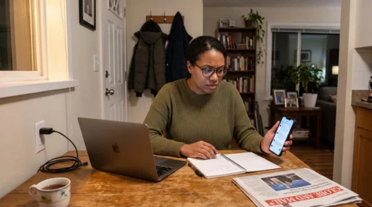 A woman at her kitchen table cross-checking a claim on her phone against her laptop before deciding whether to believe it.